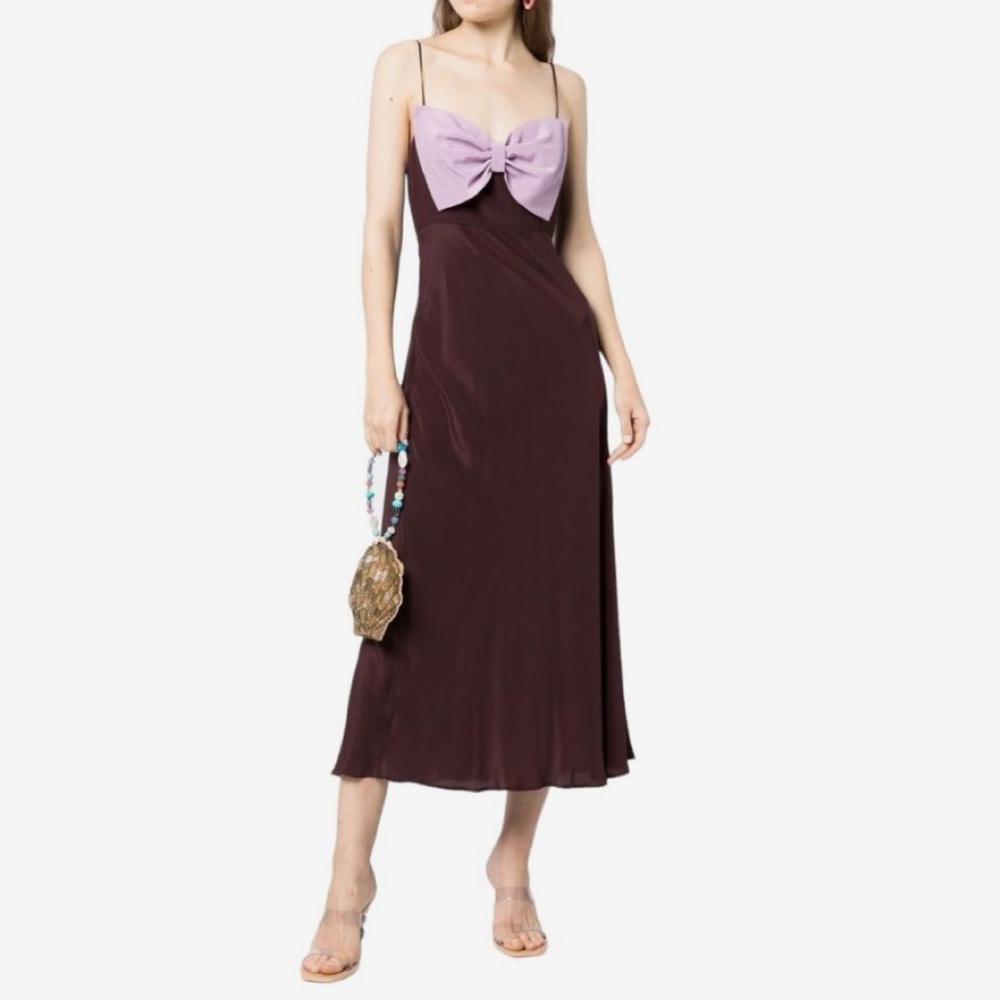 RIXO Leanne Bow-Detail Chocolate Lilac Silk Dress NWT